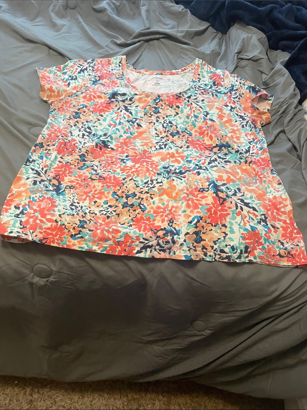 St. John's Bay Coral, Teal & Navy Floral Short-Sleeve Scoop Neck Top